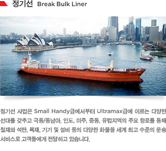 정기선 사업은 Small Handy급에서부터 Ultramax급에 이르는 다양한 선대를 갖추고 극동/동남아, 인도, 미주, 중동, 유럽지역의 주요 항로를 통해 철재와 석탄, 목재, 기기 및 설비 등의 다양한 화물을 세계 최고 수준의 운송 서비스로 고객들에게 전달하고 있습니다.