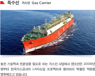 높은 기술력과 전문성을 필요로 하는 가스선 사업에서 팬오션은 2008년 말부터 한국가스공사의 LNG도입 프로젝트에 참여하여 탁월한 역량을 발휘해오고 있습니다. 