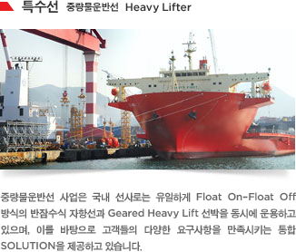 중량물운반선 사업은 국내 선사로는 유일하게 Float On–Float Off 방식의 반잠수식 자항선과 Geared Heavy Lift 선박을 동시에 운용하고 있으며, 이를 바탕으로 고객들의 다양한 요구사항을 만족시키는 통합 SOLUTION을 제공하고 있습니다.